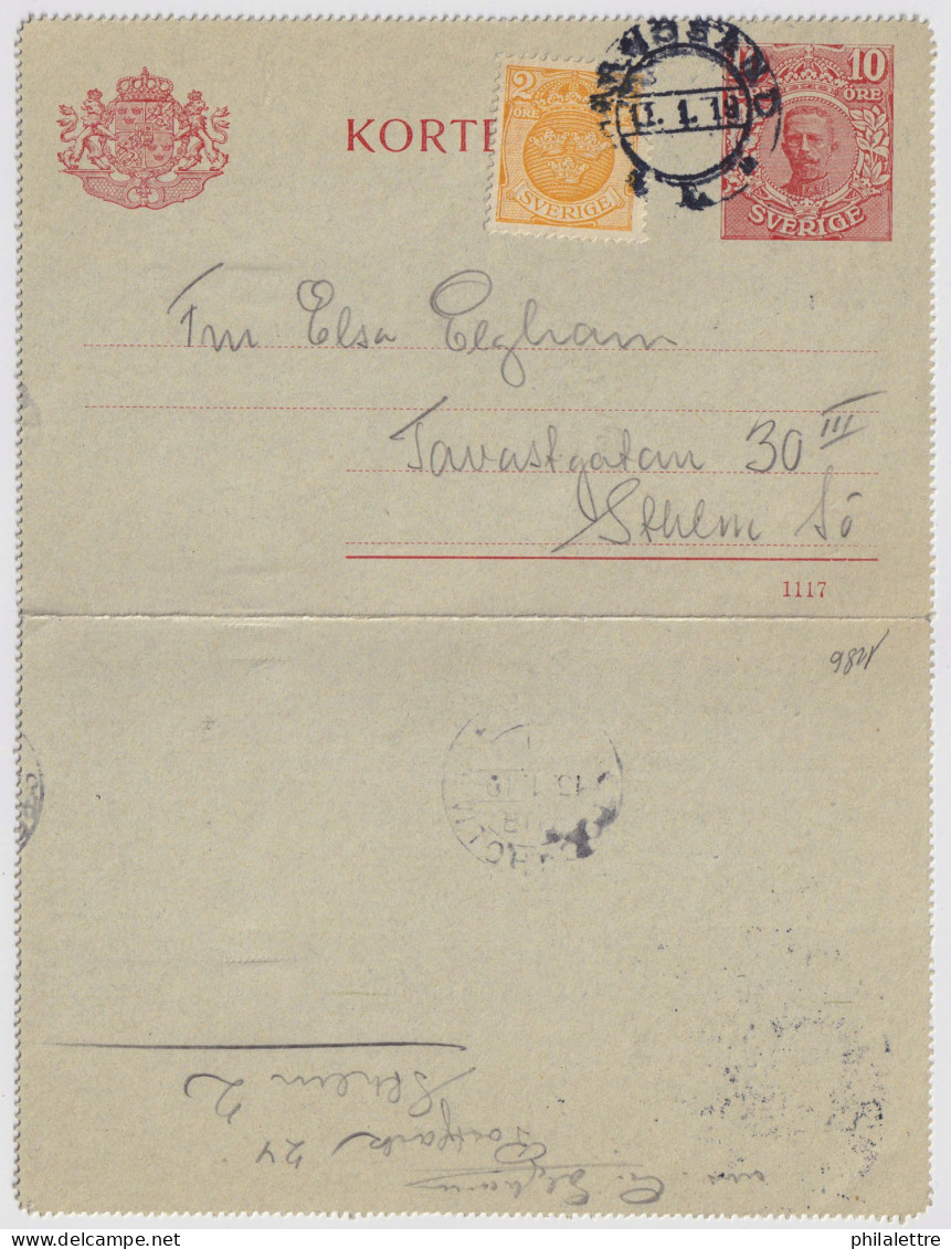 SUÈDE / SWEDEN - 1919 - Letter-Card Mi.K13 10ö Red (d.1117) Uprated Facit 72 - Used HÄRNÖSAND To STOCKHOLM - Ganzsachen