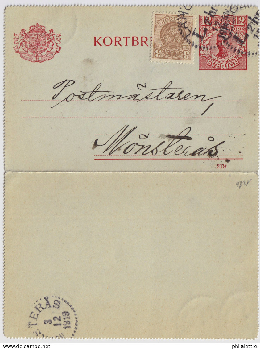 SUÈDE / SWEDEN - 1919 - Letter-Card Mi.K14 12ö Red (d.219) Uprated Facit 73 Used  LAHOLM To MÖNSTERÅS - Ganzsachen