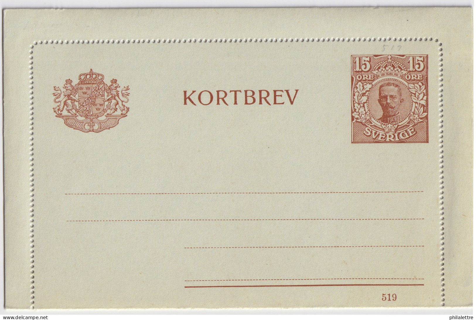 SUÈDE / SWEDEN - 1919 - Letter-Card Mi.K15a 15ö Red-brown (d.519) Unused - Very Fine - Entiers Postaux