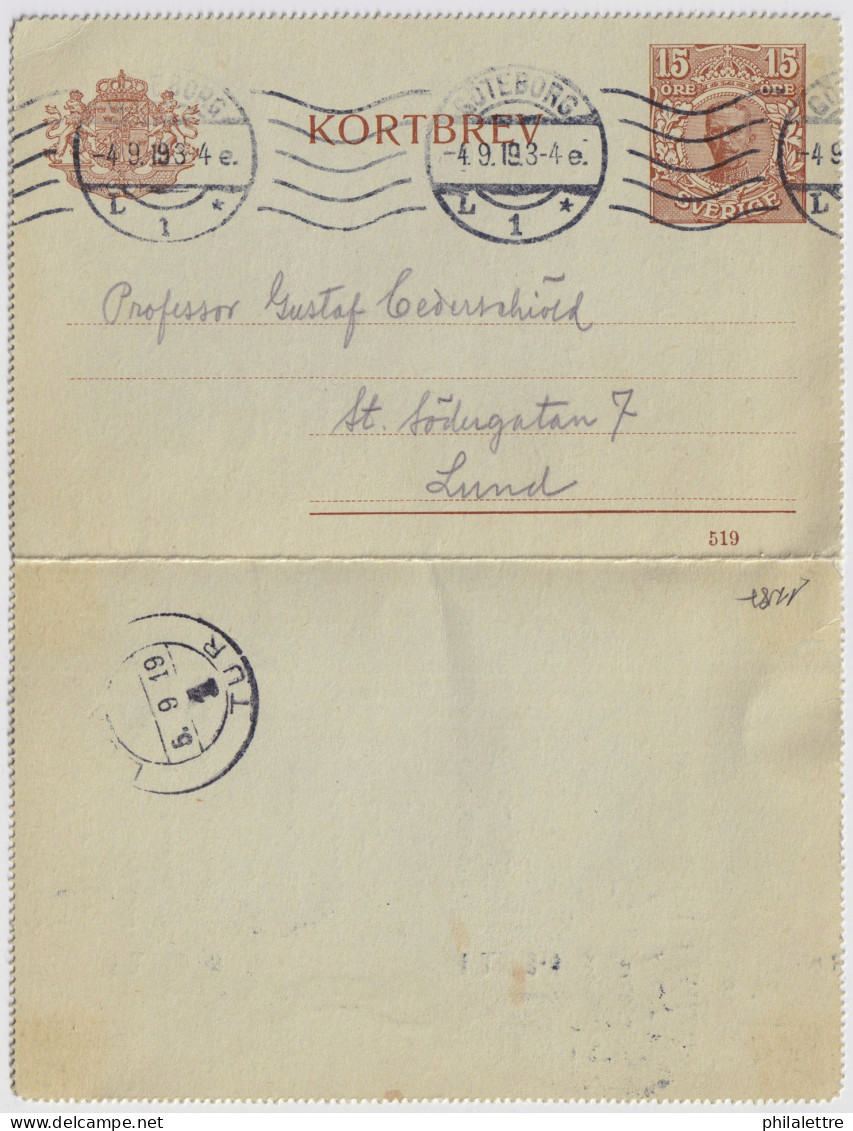 SUÈDE / SWEDEN - 1919 - Letter-Card Mi.K15a 15ö (d.519) Used GÖTEBORG To LUND - Entiers Postaux