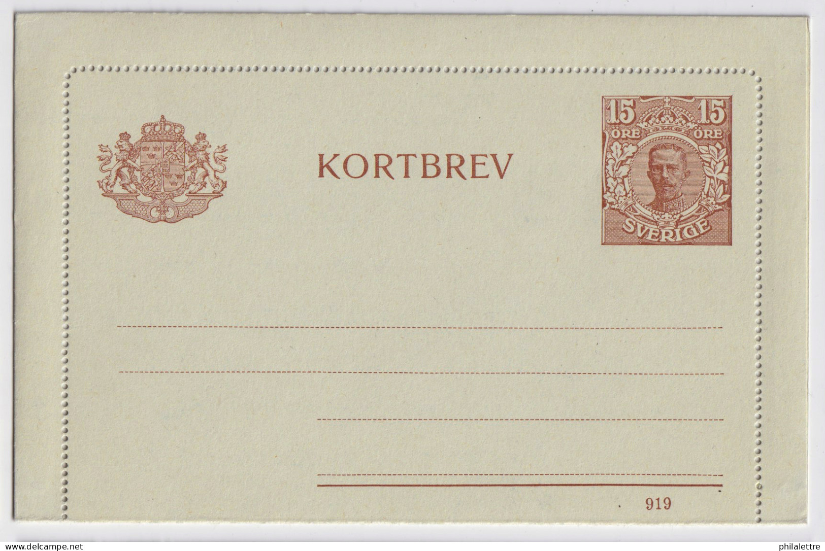 SUÈDE / SWEDEN - 1919 - Letter-Card Mi.K15a 15ö Red-brown (d.919) Unused - Very Fine - Ganzsachen