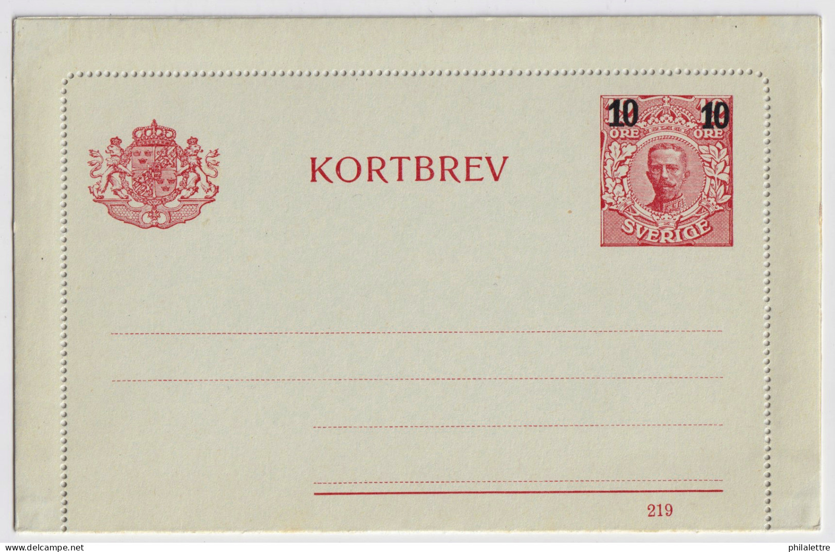 SUÈDE / SWEDEN - 1919 - Letter-Card Mi.K16 10/12ö Red (d.219) T.I Thick "10" - Unused - Very Fine - Postal Stationery