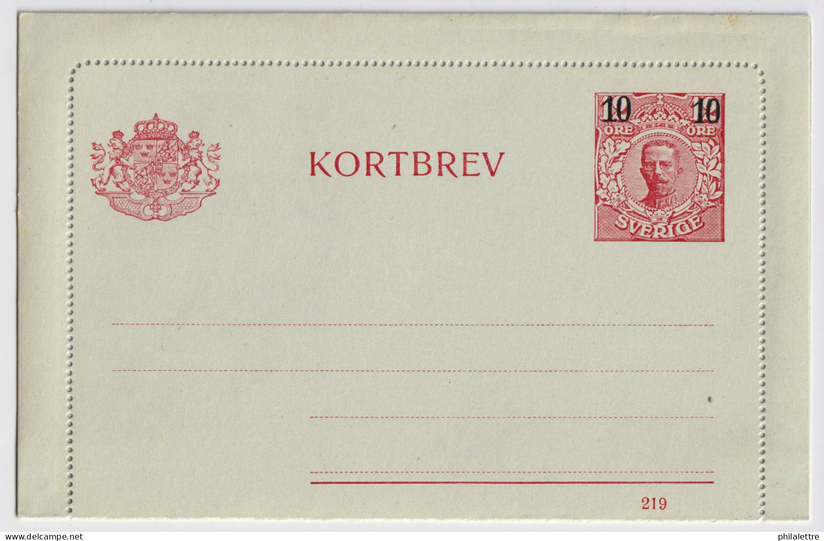 SUÈDE / SWEDEN - 1919 - Letter-Card Mi.K16 10/12ö Red (d.219) T.II Thin "10" - Unused - Very Fine - Enteros Postales