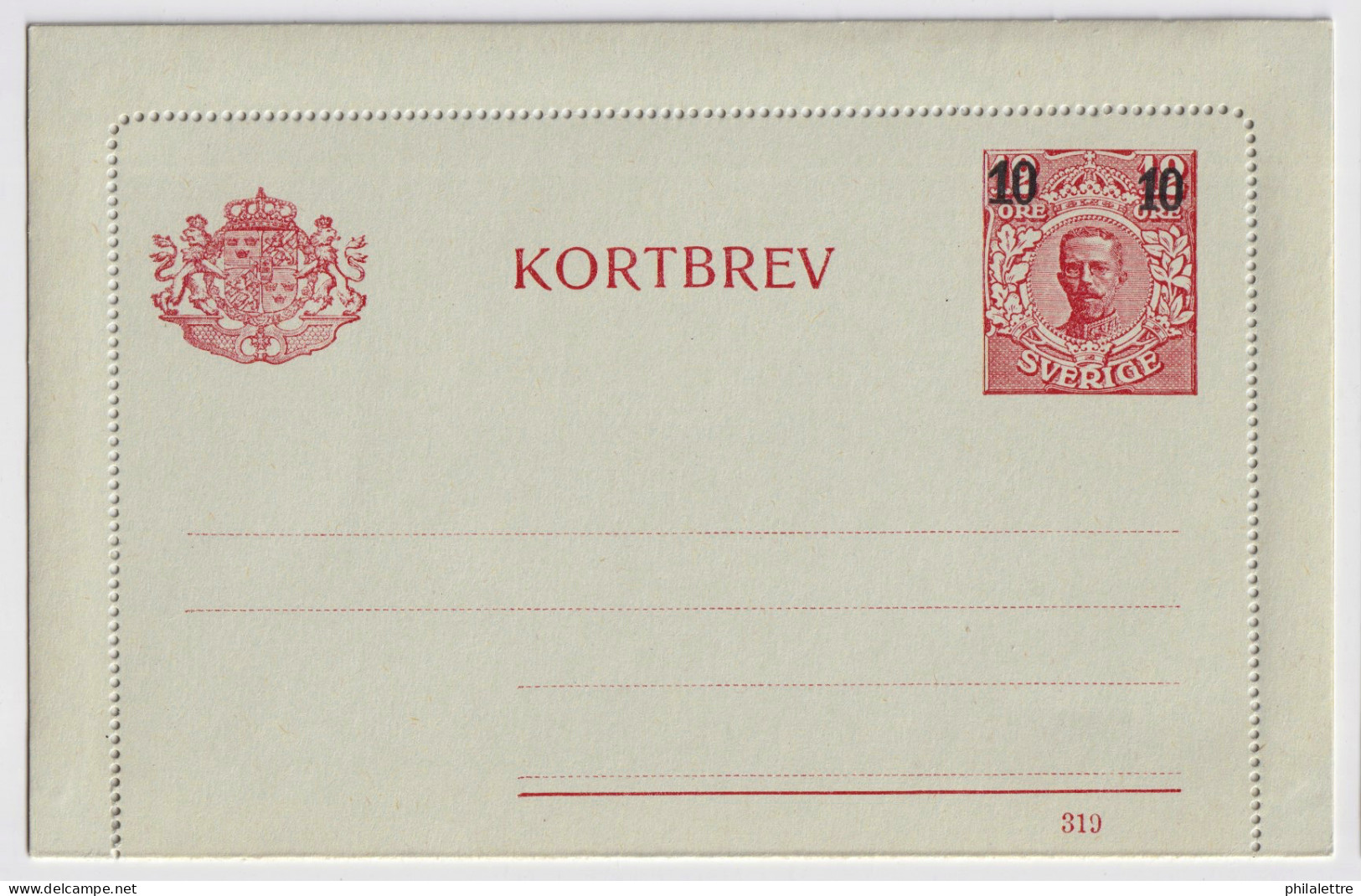 SUÈDE / SWEDEN - 1919 - Letter-Card Mi.K16 10/12ö Red (d.319) T.I Thick "10" On Greish Card - Unused - Very Fine - Postal Stationery