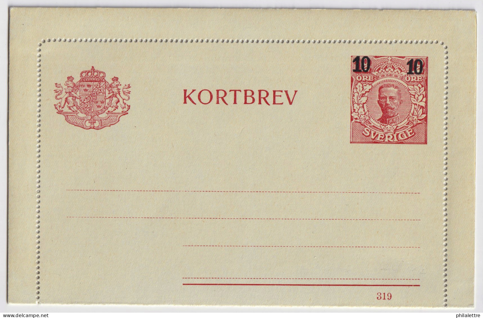 SUÈDE / SWEDEN - 1919 - Letter-Card Mi.K16 10/12ö Red (d.319) T.I Thick "10" On Yellowish Card - Unused - Very Fine - Entiers Postaux