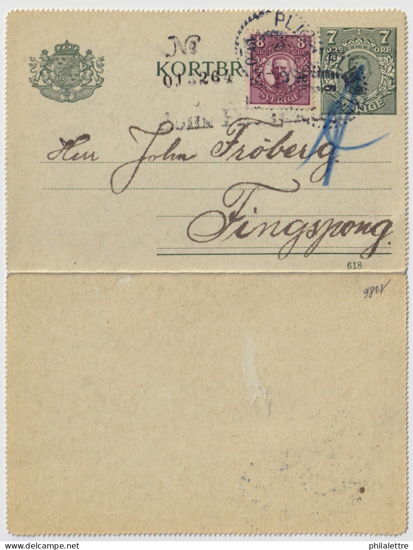 SUÈDE / SWEDEN - 1920 - Letter-Card Mi.K12 7ö Grey-green (d.618) +Facit 81 Used PLK210C - From LANDVETTER To FINGSPONG - Interi Postali