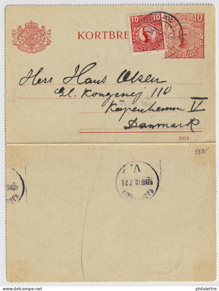 SUÈDE / SWEDEN - 1920 - Letter-Card Mi.K13 10ö Red (d.1019) Uprated Facit 82 - Used  To COPENHAGEN, Denmark - Ganzsachen