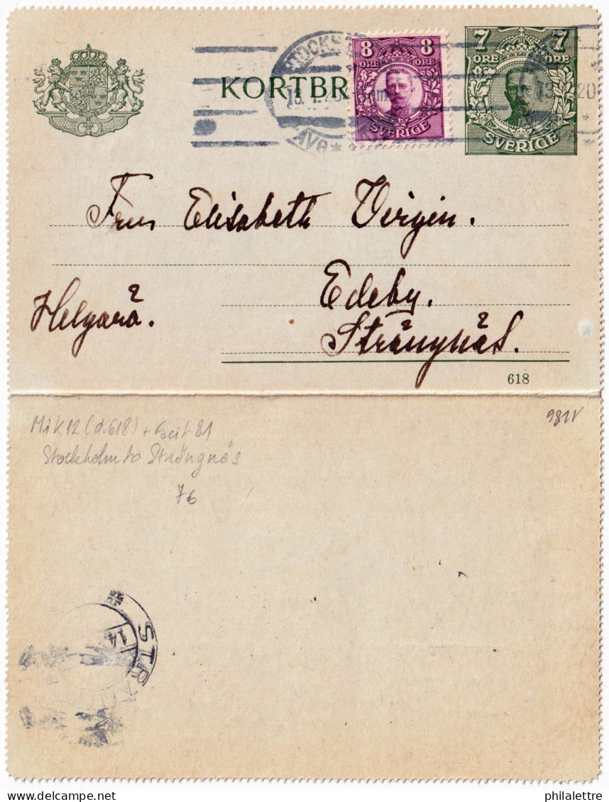 SUÈDE / SWEDEN - 1920 - Letter-Card Mi.K12 7ö Grey-green (d.618) Uprated Facit 81 Used From STOCKHOLM To STRÄNGNÄS - Interi Postali