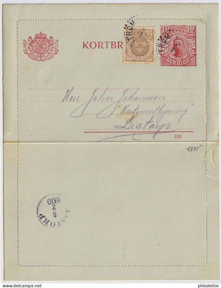 SUÈDE / SWEDEN - 1920 - Letter-Card Mi.K14 12ö Red (d.319) Uprated Facit 73 Used  OLOFSTRÖM To LIATORP - Ganzsachen