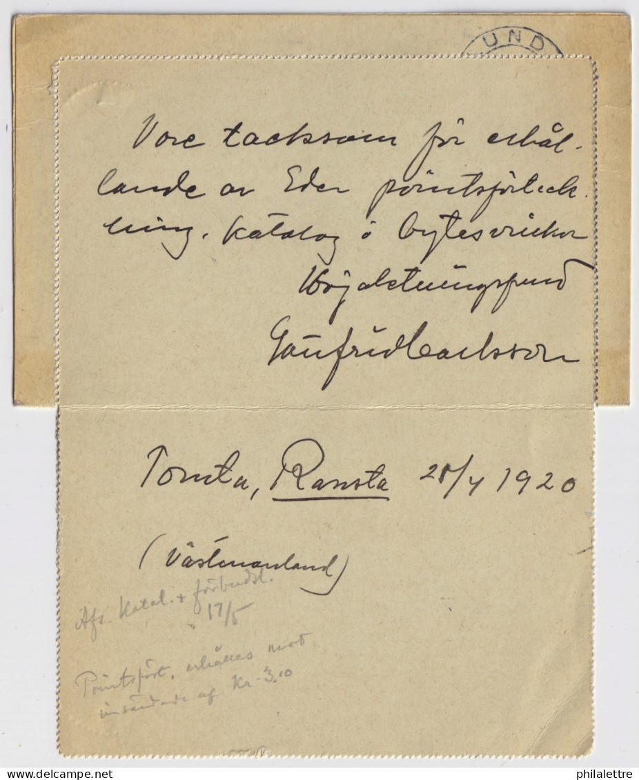 SUÈDE / SWEDEN - 1920 - Letter-Card Mi.K15b 15ö (d.1219) Used From RANSTA To LUND - Ganzsachen