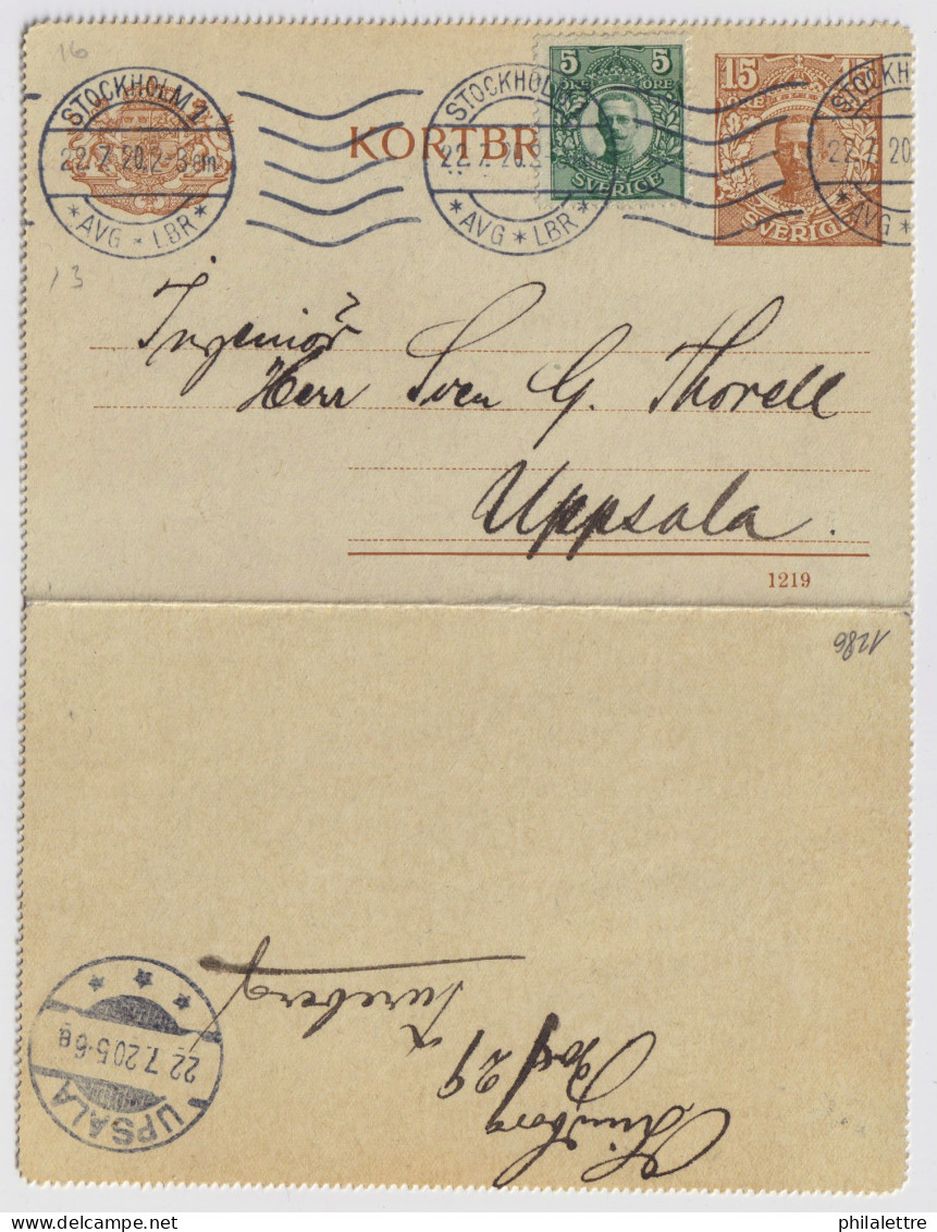 SUÈDE / SWEDEN - 1920 - Letter-Card Mi.K15b 15ö (d.1219) Uprated Facit 79 Used STOCKHOLM To UPPSALA - Interi Postali