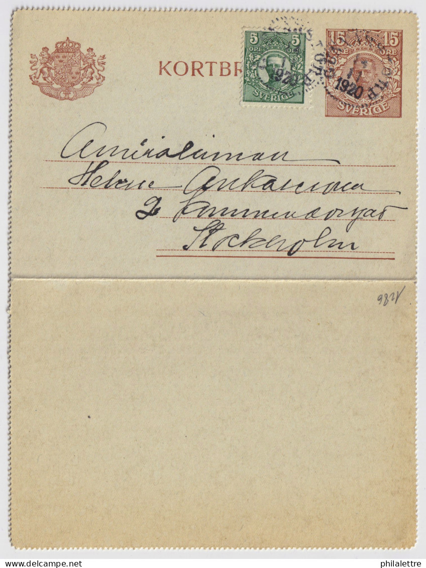 SUÈDE / SWEDEN - 1920 - Letter-Card Mi.K18 15ö (No Date) Uprated Facit 79 Used GUNNARSTORP To STOCKHOLM - Postwaardestukken