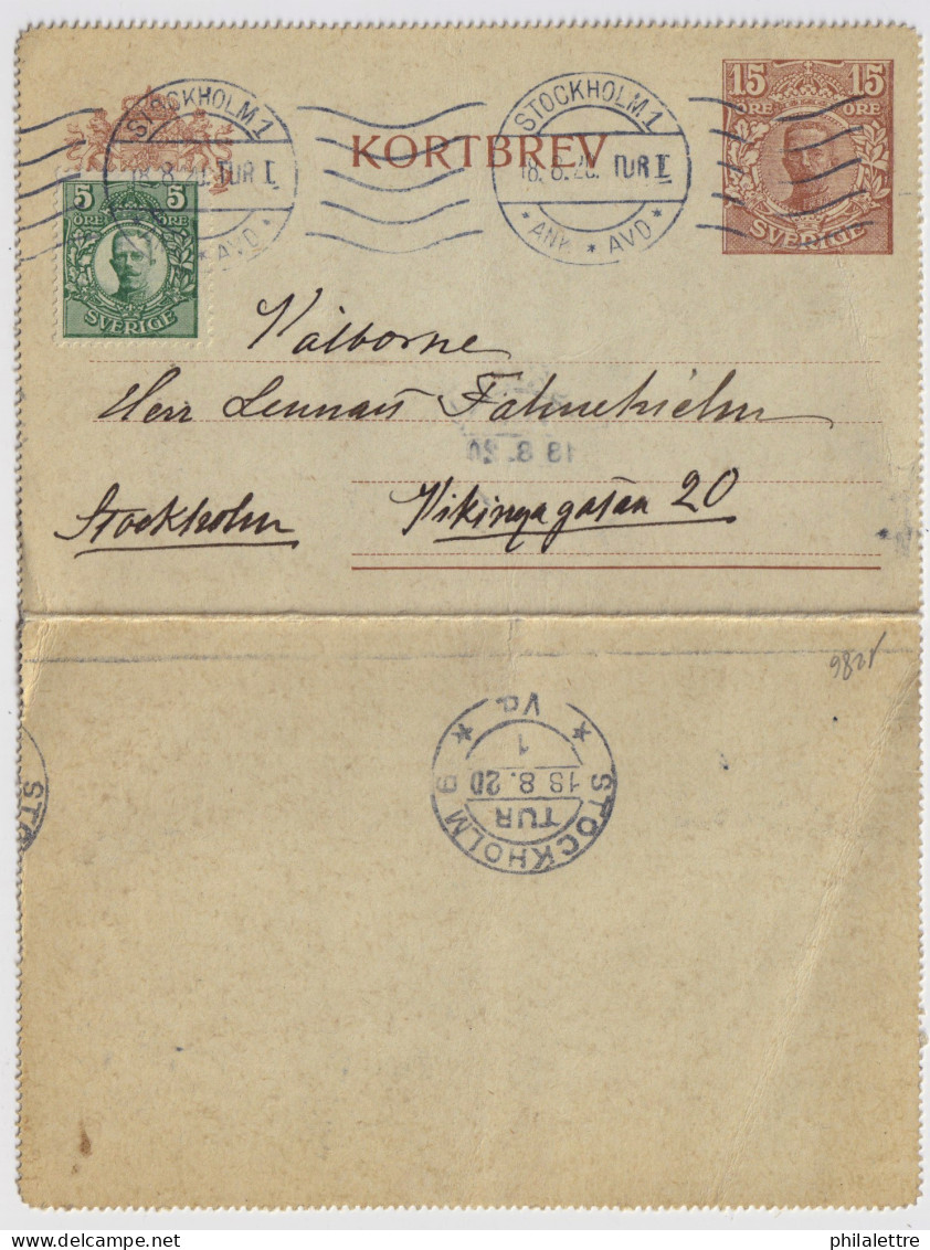 SUÈDE / SWEDEN - 1920 - Letter-Card Mi.K18 15ö (No Date) Uprated Facit 79 Used Locally In STOCKHOLM - Entiers Postaux