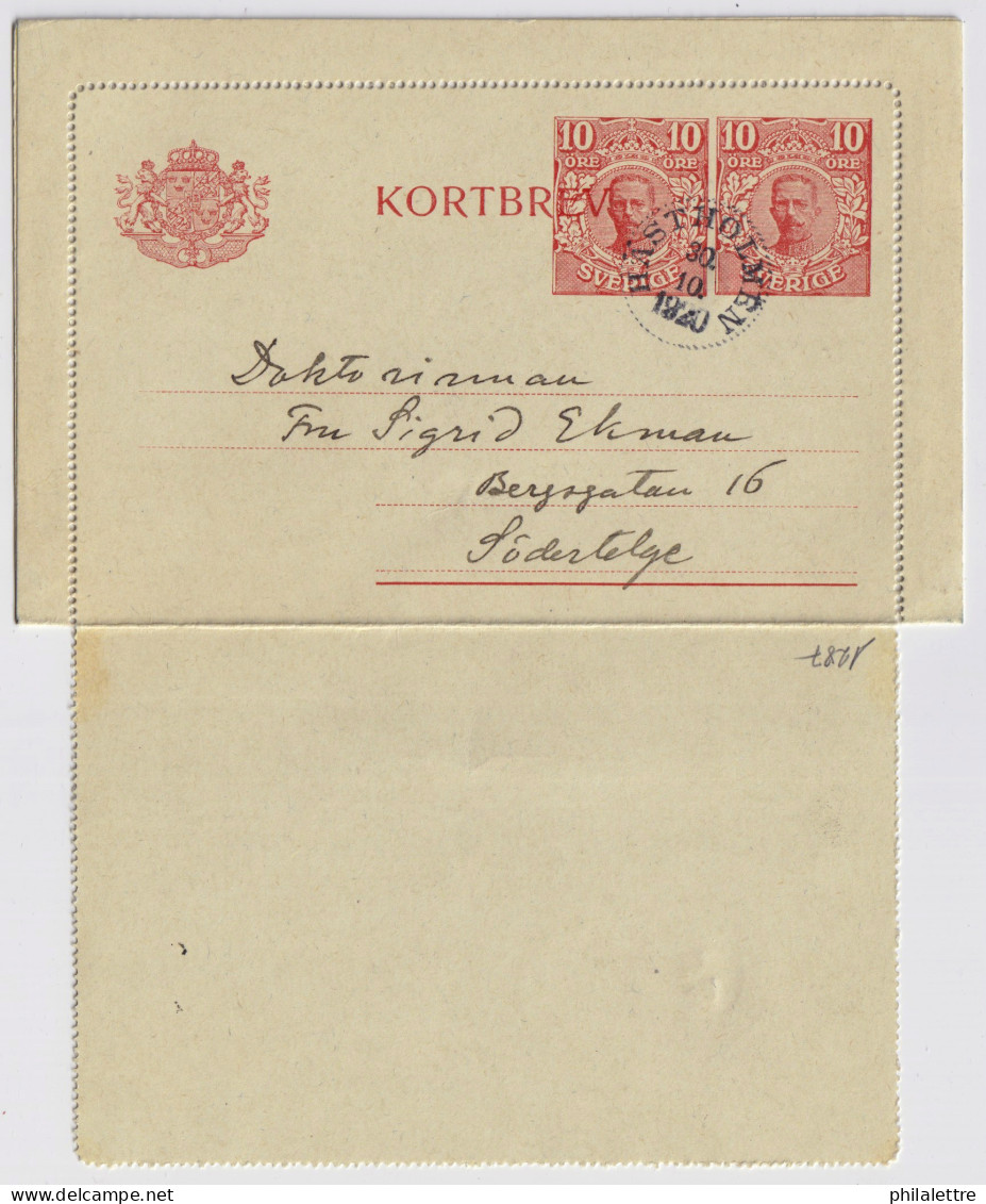SUÈDE / SWEDEN - 1920 - Letter-Card Mi.K21 10ö+10ö Red (no Date) Used  HÄSTHOLMEN To SÖDERTÄLJE - Interi Postali