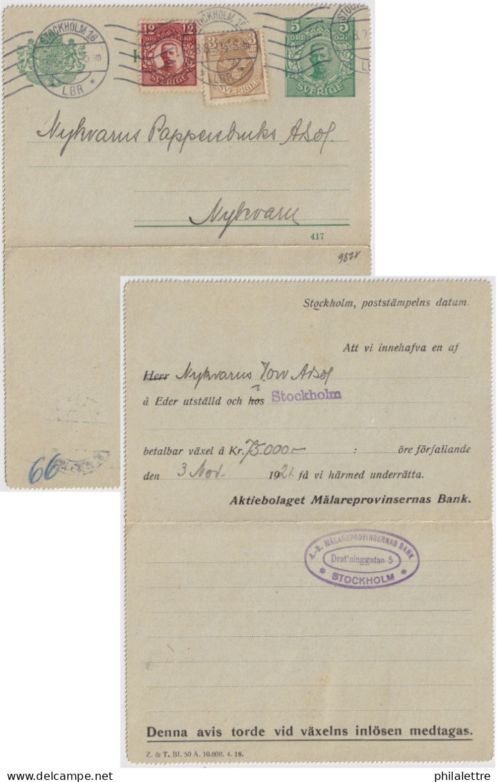 SUÈDE / SWEDEN - 1921 - Letter-Card Mi.K11 5ö Green (d.417) Uprated Facit 73 & 83 Used STOCKHOLM To NYKVARN - Re-printed - Entiers Postaux