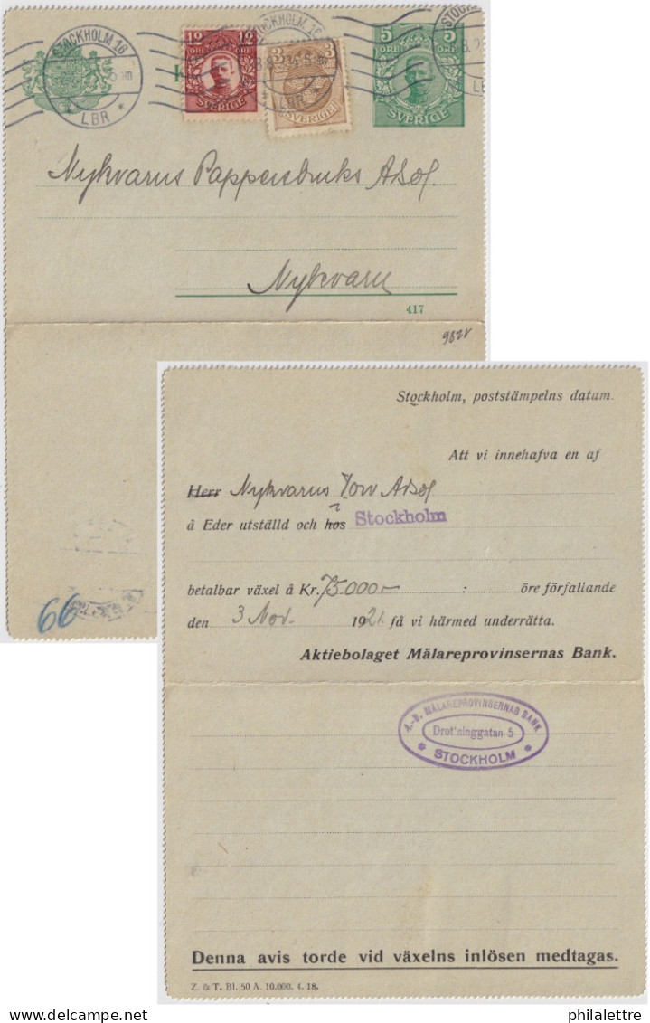 SUÈDE / SWEDEN - 1921 - Letter-Card Mi.K11 5ö Green (d.417) Uprated Facit 73 & 83 Used STOCKHOLM To NYKVARN - Re-printed - Enteros Postales