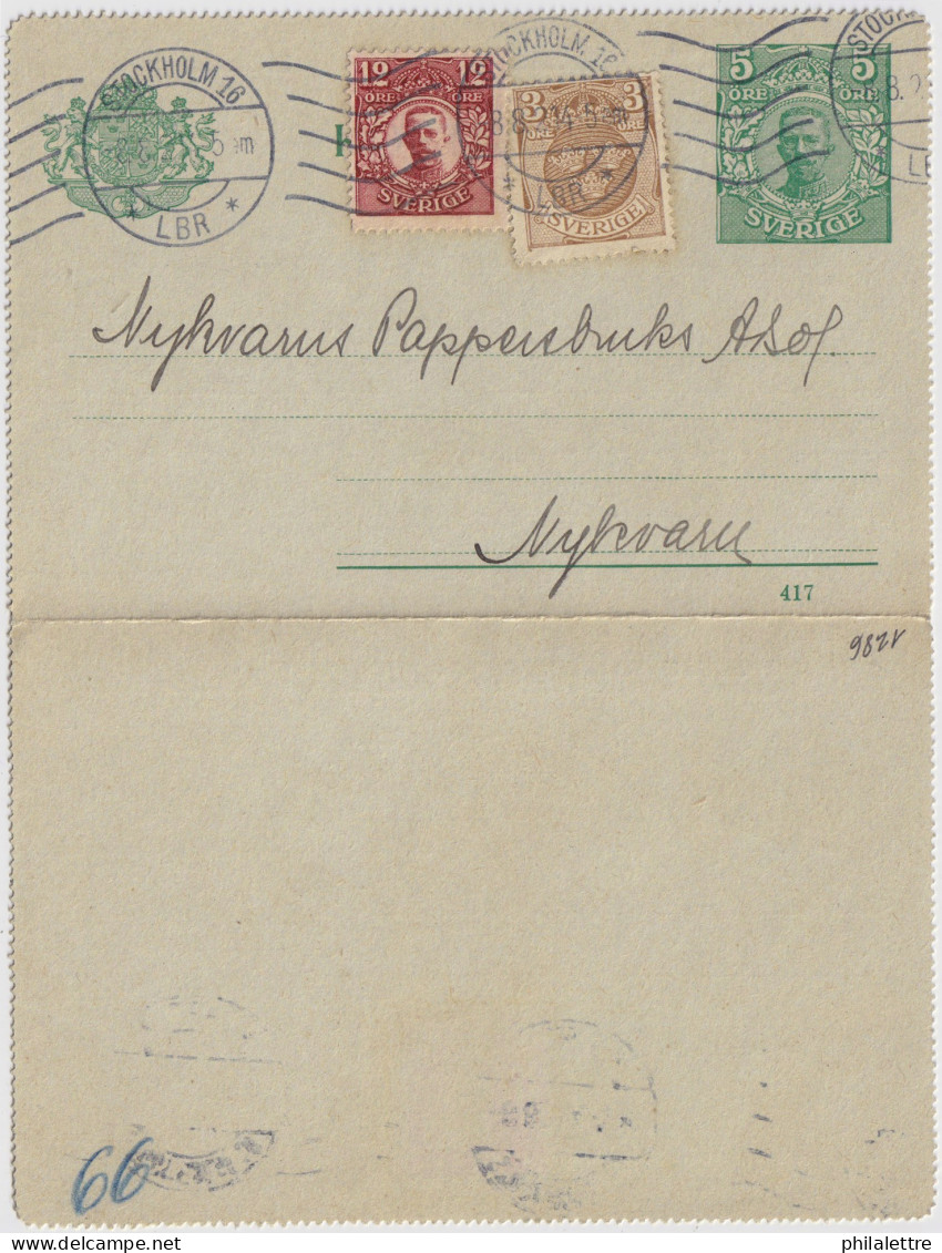 SUÈDE / SWEDEN - 1921 - Letter-Card Mi.K11 5ö Green (d.417) Uprated Facit 73 & 83 Used STOCKHOLM To NYKVARN - Re-printed - Enteros Postales