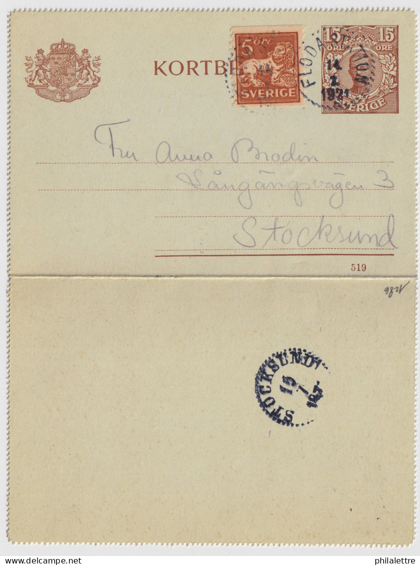 SUÈDE / SWEDEN - 1921 - Letter-Card Mi.K15a 15ö (d.519) Uprated Facit 141 Used "FLODA STATION" To STOCKSUND - Enteros Postales