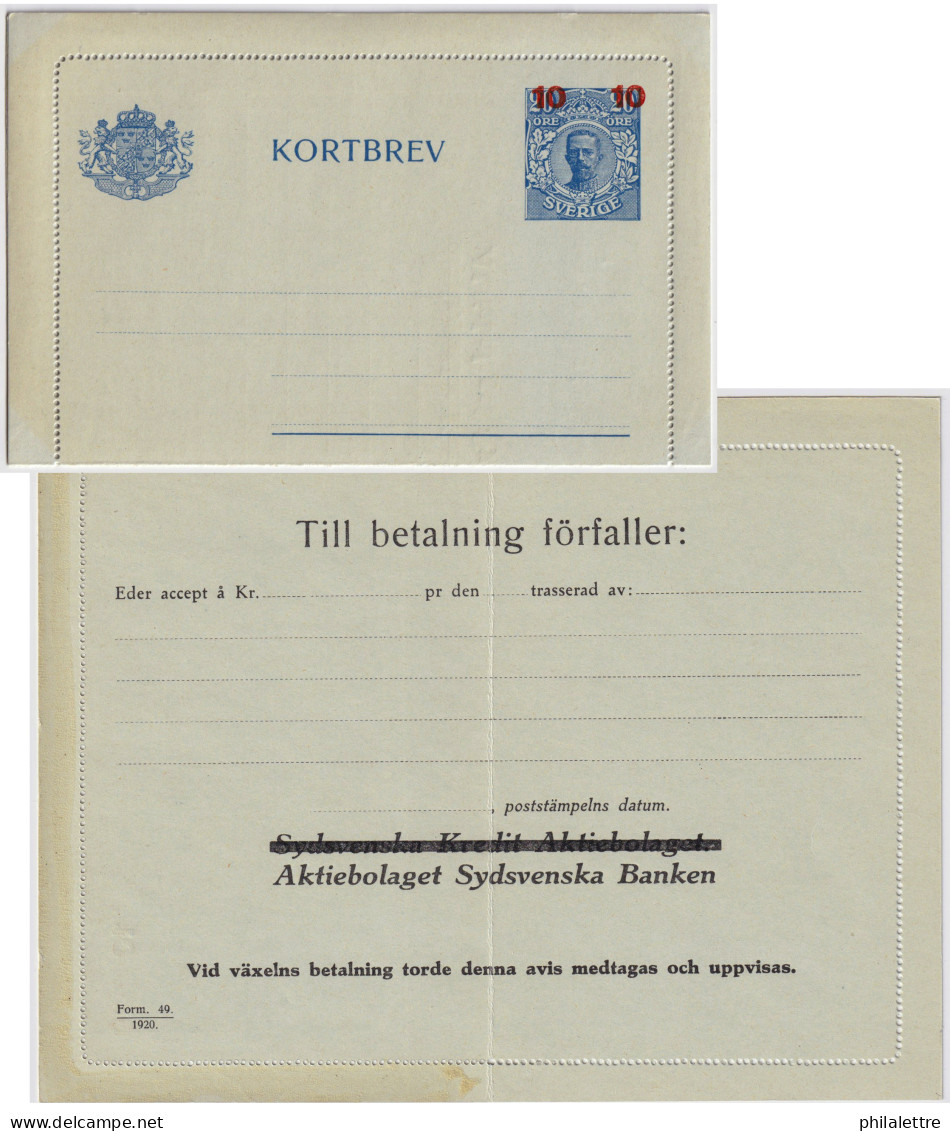 SUÈDE / SWEDEN - 1922 - Letter-Card Mi.PK2 10/20ö Blue (private)  Re-printed (Bank Form 49) - Unused - Very Fine - Interi Postali