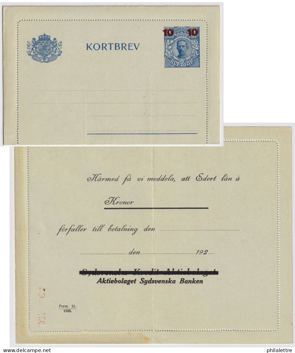 SUÈDE / SWEDEN - 1922 - Letter-Card Mi.PK2 10/20ö Blue (private)  Re-printed (Bank Form 51) - Unused - Very Fine - Postal Stationery