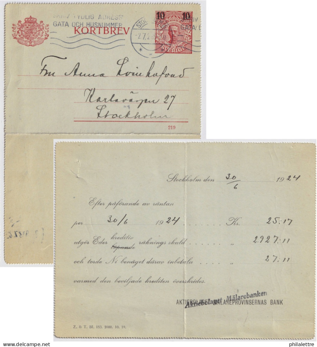 SUÈDE / SWEDEN - 1924 - Letter-Card Mi.K16 10/12ö T.I (d.219) Re-printed Bank Form - Used Locally In Stockholm - Enteros Postales