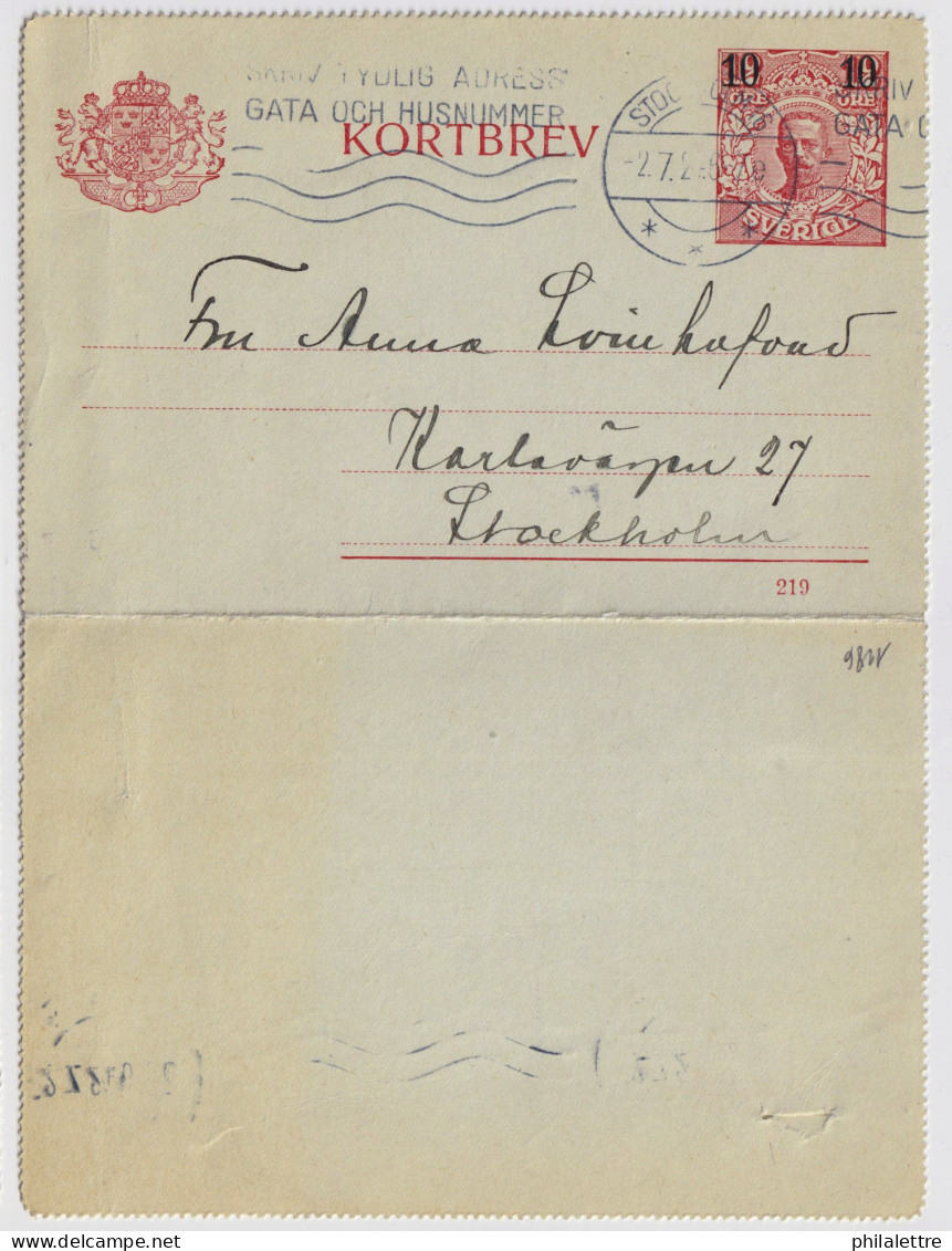 SUÈDE / SWEDEN - 1924 - Letter-Card Mi.K16 10/12ö T.I (d.219) Re-printed Bank Form - Used Locally In Stockholm - Enteros Postales