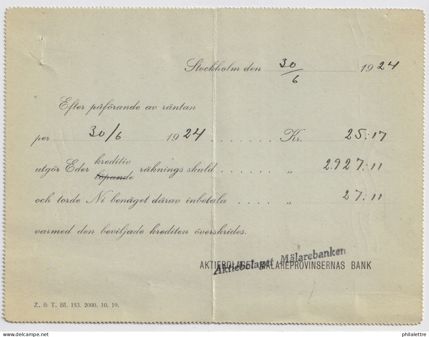 SUÈDE / SWEDEN - 1924 - Letter-Card Mi.K16 10/12ö T.I (d.219) Re-printed Bank Form - Used Locally In Stockholm - Entiers Postaux