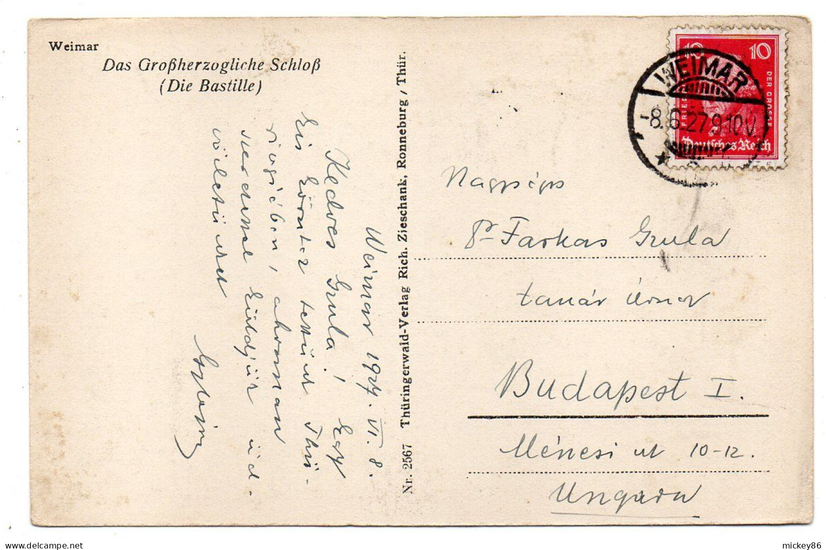 Allemagne- WEIMAR --1927- Das Grossherzoggliche Schloss (Die Bastille)....timbre....cachet - Weimar