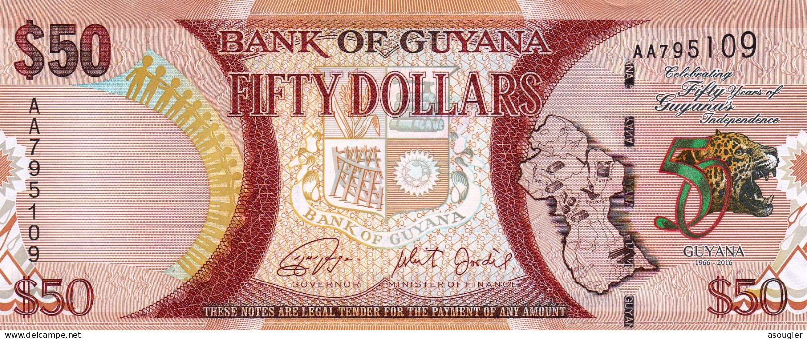 Guyana 50 DOLLARS 2016 UNC P- Commemorative Note "free Shipping Via Regular Air Mail (buyer Risk Only)" - Guyana