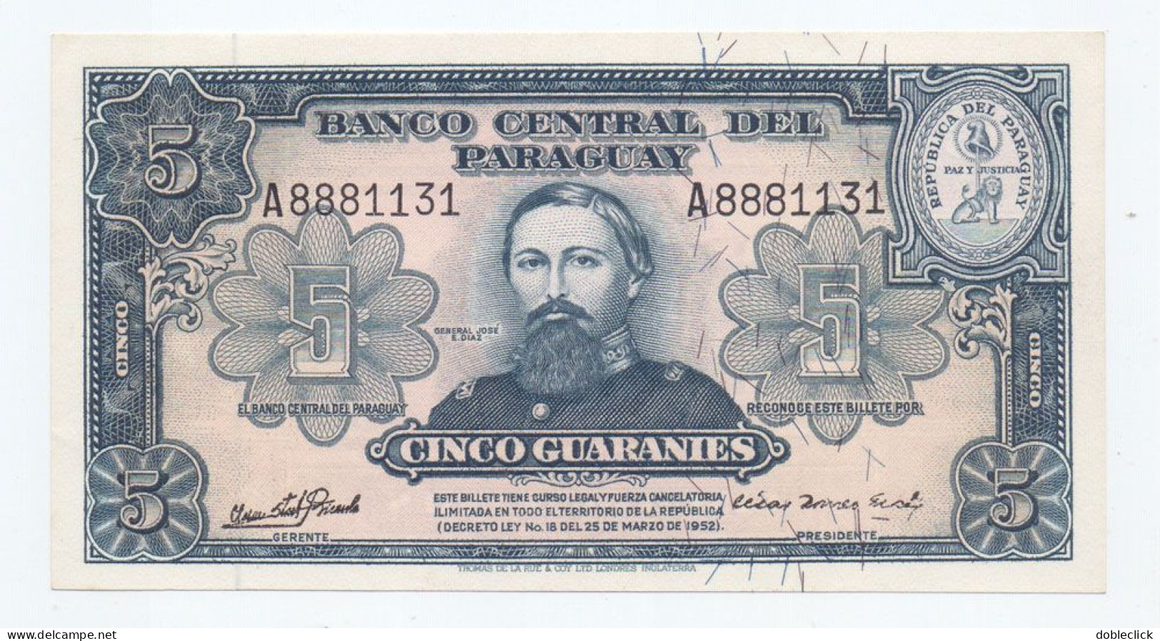 PARAGUAY - 5 GUARANIES NOTE STARK & ROMEO SIGN. P-186c 1952 - UNC - Paraguay