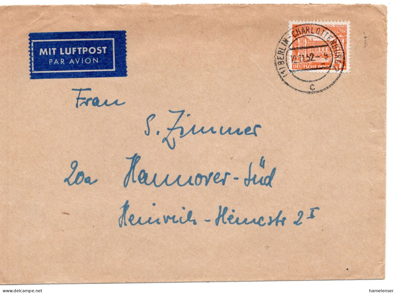 66600 - Berlin - 1952 - 25Pfg  Bauten I EF A LpBf BERLIN -> Hannover - Storia Postale