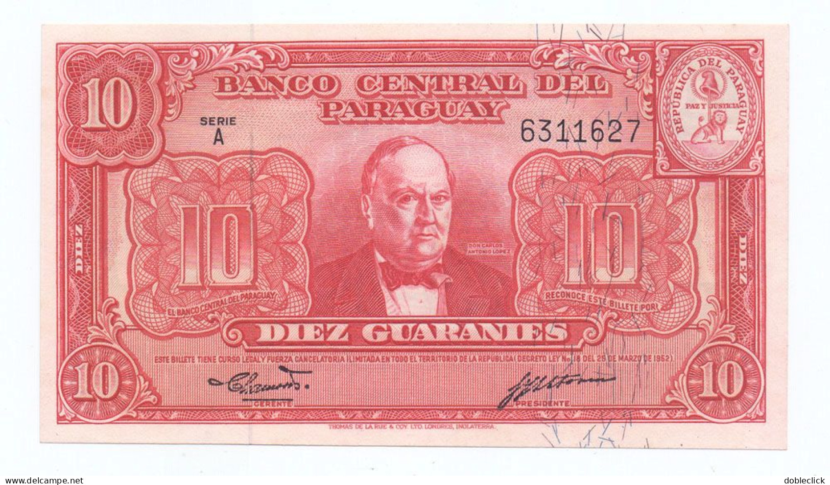 PARAGUAY - 10 GUARANIES NOTE CHAMORRO & STORM SIGN. P-187b 1952 - UNC - Paraguay