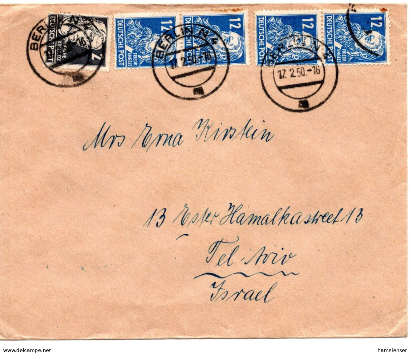 66601 - DDR - 1950 - 4@12Pfg Engels MiF A Bf BERLIN -> Israel, Kl Mgl - Covers & Documents