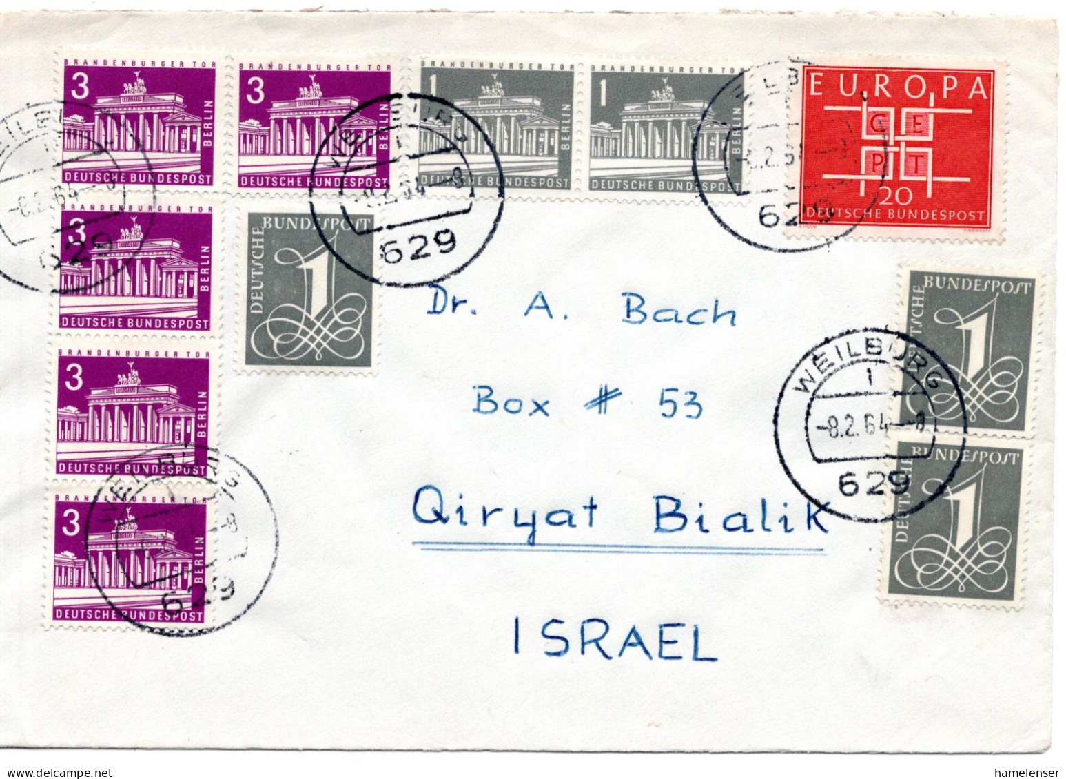 66603 - Bund - 1964 - 20Pfg CEPT '63 MiF A Bf WEILBURG -> QIRYAT BIALIK (Israel) - Briefe U. Dokumente