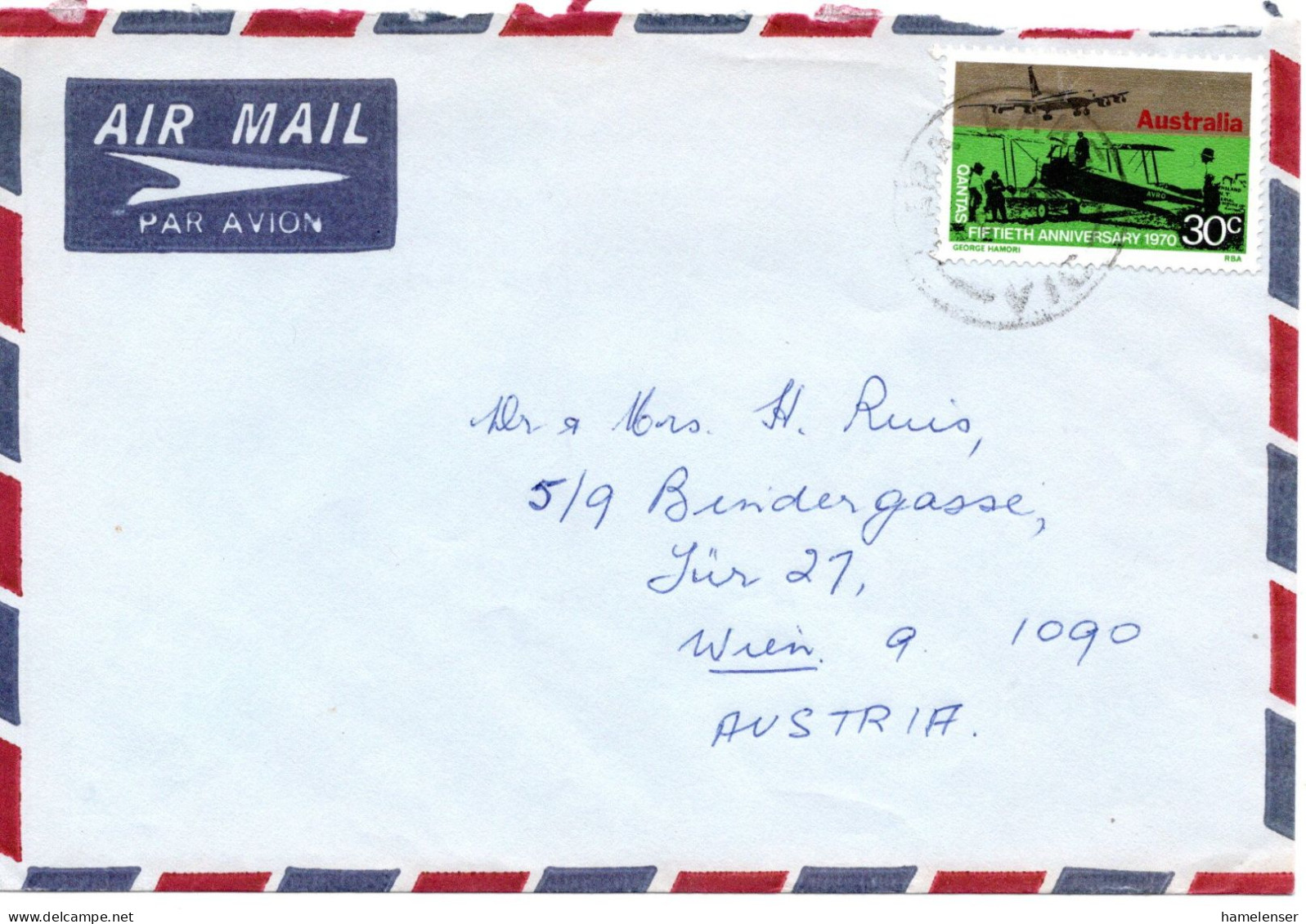 66620 - Australien - 1970 - 30¢ QANTAS EF A LpBf LARA LAKE VIC -> Oesterreich - Lettres & Documents