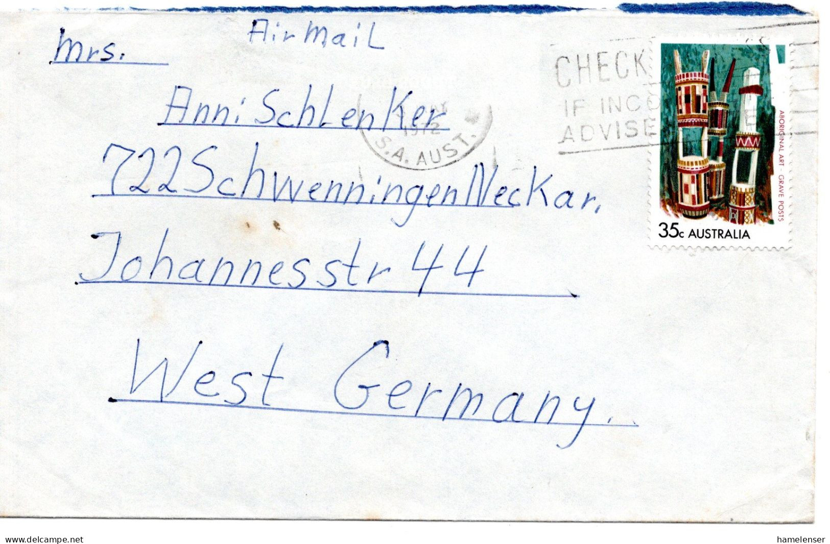 66621 - Australien - 1972 - 35¢ Aborigine-Kunst EF A LpBf ... S.A. -> Westdeutschland - Storia Postale