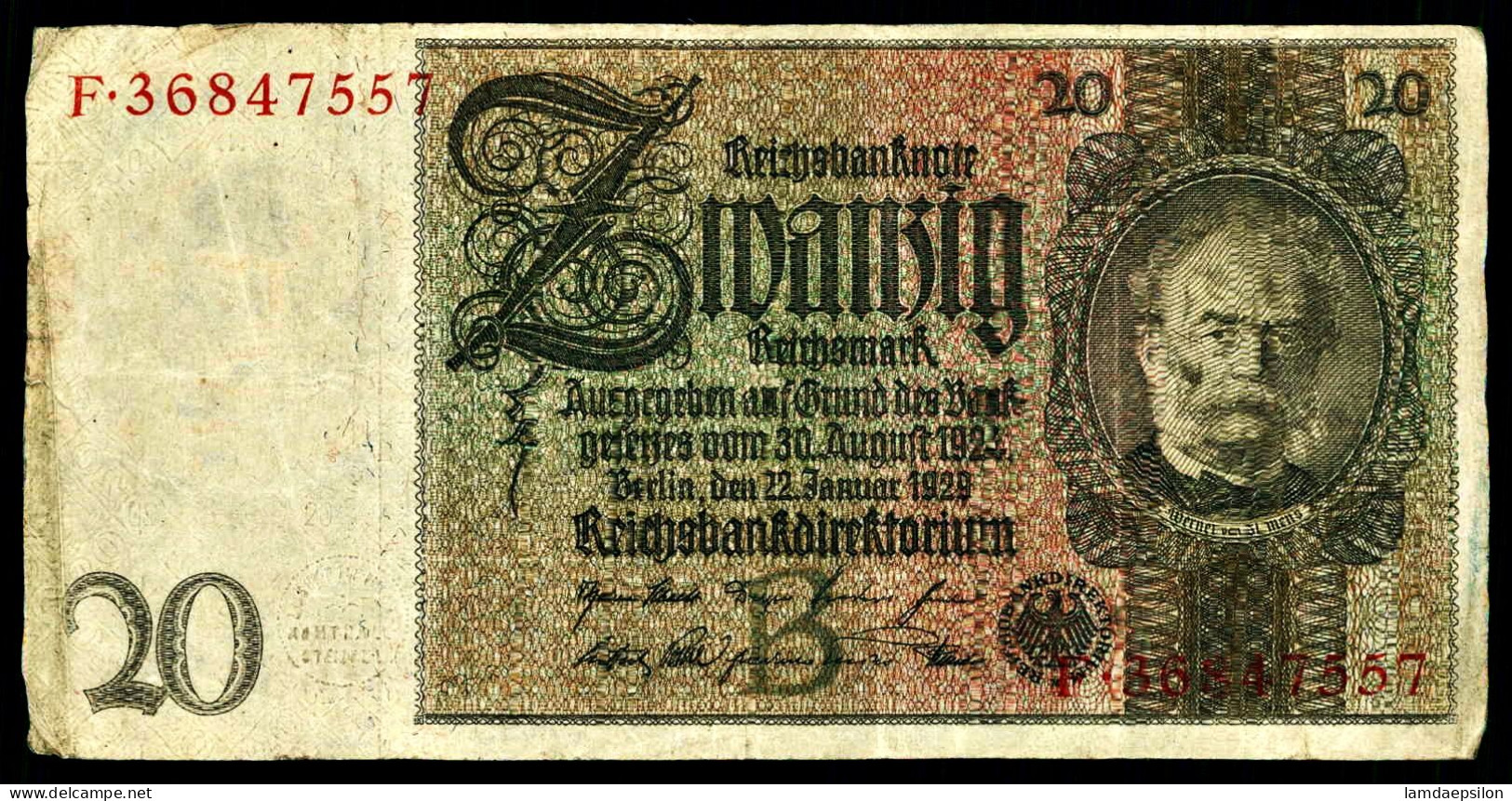 A8  ALLEMAGNE   BILLETS DU MONDE     GERMANY  BANKNOTES  20  REICHSMARK 1929 - Verzamelingen