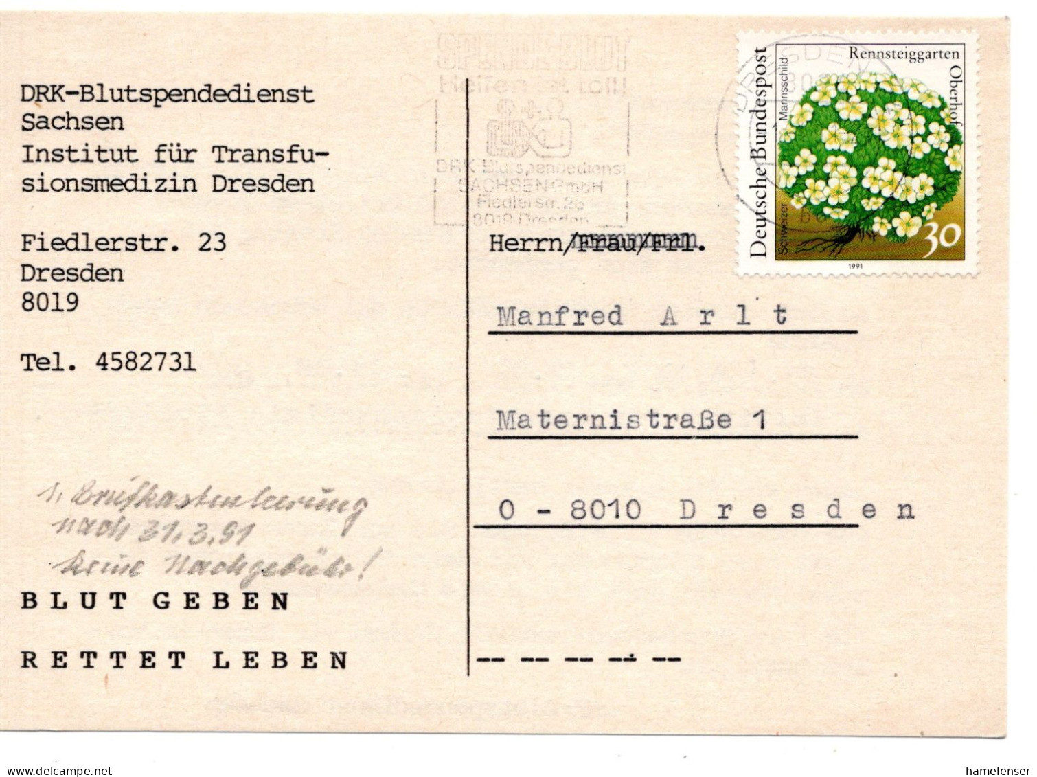 66643 - Bund - 1991 - 30Pfg Rennsteiggarten EF A OrtsKte DRESDEN, Erste Leerung 1.4.91, Befoerdert Zum Alten VGO-Tarif - Cartas & Documentos