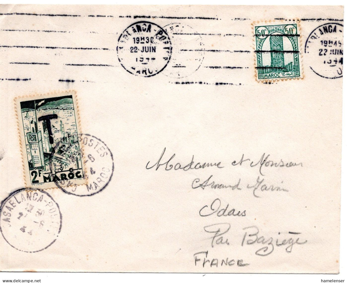 66647 - Marokko - 1944 - 50c Turm EF A Bf CASABLANCA -> Frankreich, M 2F & Portostpl Nachfrankiert, Teils Stockig - Storia Postale