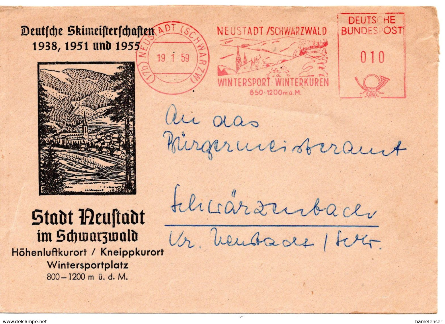 66649 - Bund - 1959 - 10Pfg AbsFreistpl NEUSTADT - WINTERSPORT ... -> Schwaerzenbach - Skiing