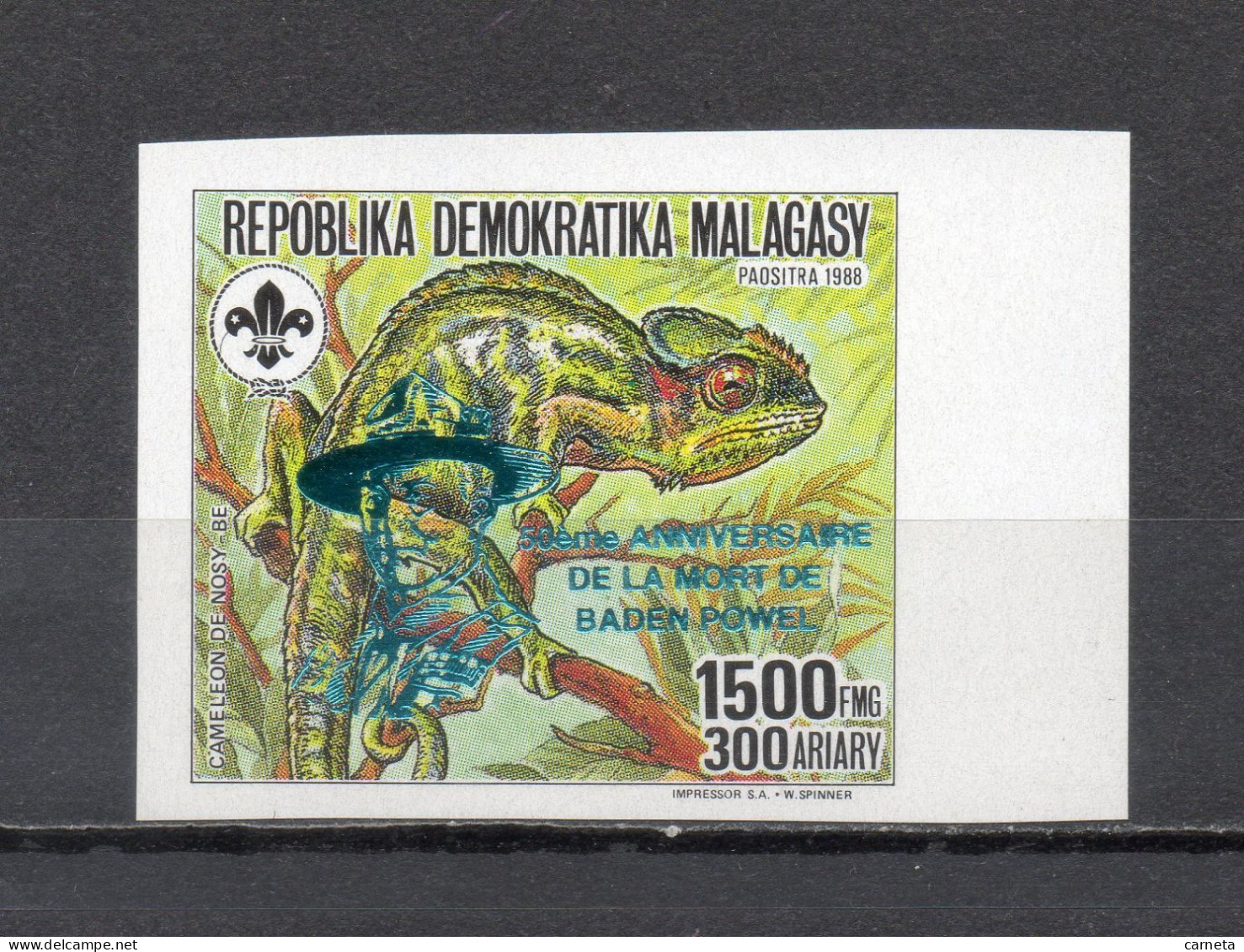 MADAGASCAR N° 1262A  NON DENTELE SURCHARGE BLEU VERT METALLISE  NEUF SANS CHARNIERE  COTE  ? €  ANIMAUX  BADEN POWELL - Madagascar (1960-...)