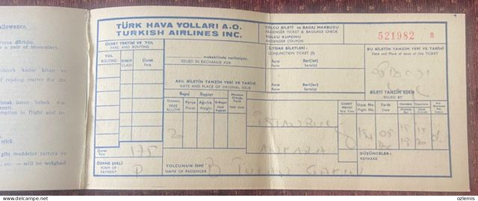 T.H.Y. TURKISH AIRLINES ,TICKET ,1971 - Europe