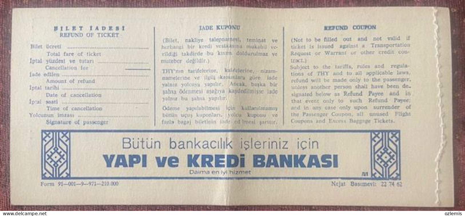 T.H.Y. TURKISH AIRLINES ,TICKET ,1971 - Europa