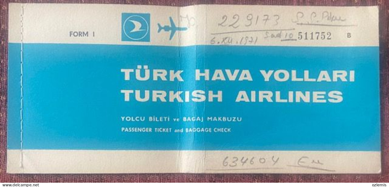 T.H.Y. TURKISH AIRLINES ,TICKET ,1971 - Europa