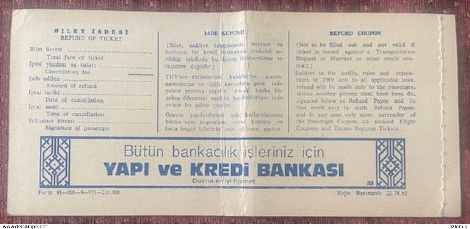 T.H.Y. TURKISH AIRLINES ,TICKET ,1971 - Europa