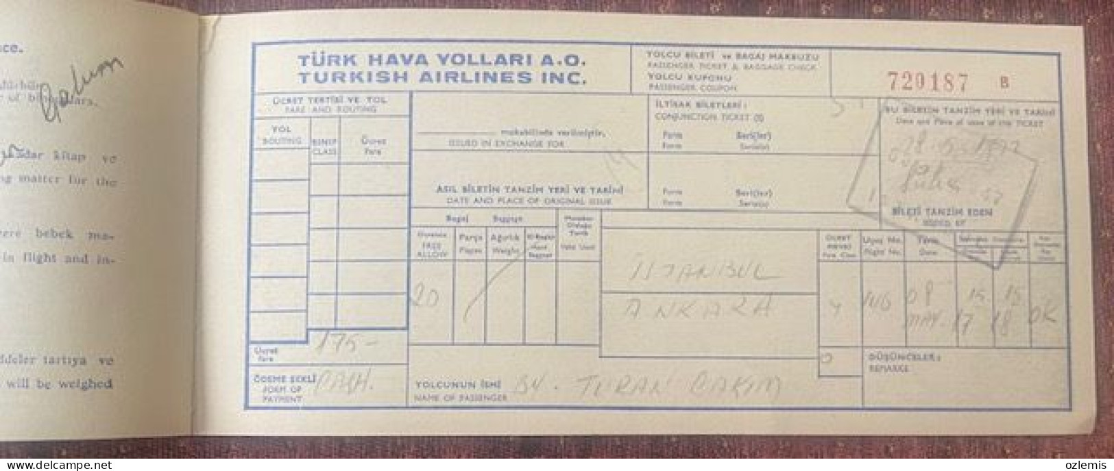 T.H.Y. TURKISH AIRLINES ,TICKET ,1972 - Europa