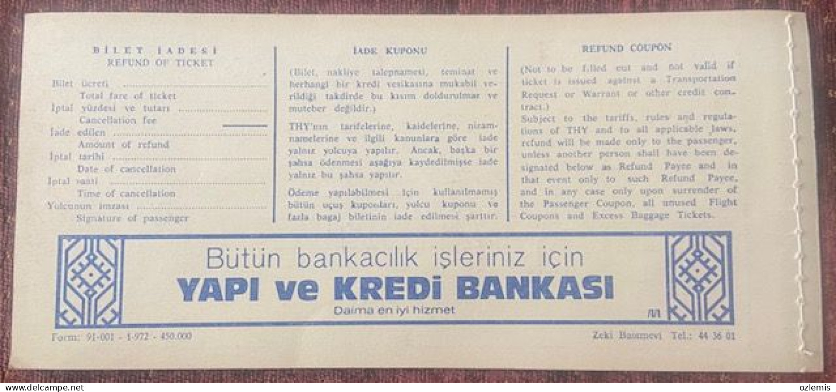 T.H.Y. TURKISH AIRLINES ,TICKET ,1972 - Europe