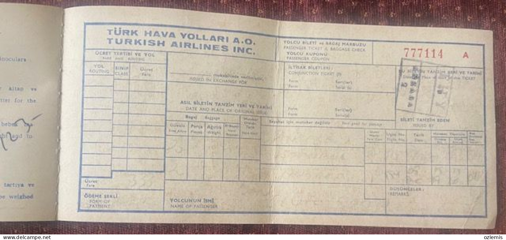 T.H.Y. TURKISH AIRLINES ,TICKET ,1972 - Europe