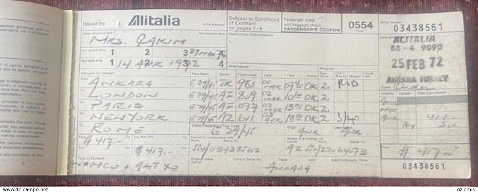 ALITALIA ,LINEE AEREE ITALIANE, ,TICKET ,1972 - Europe