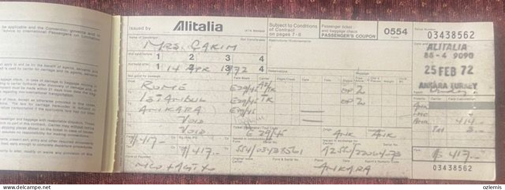 ALITALIA ,LINEE AEREE ITALIANE, ,TICKET ,1972 - Europe